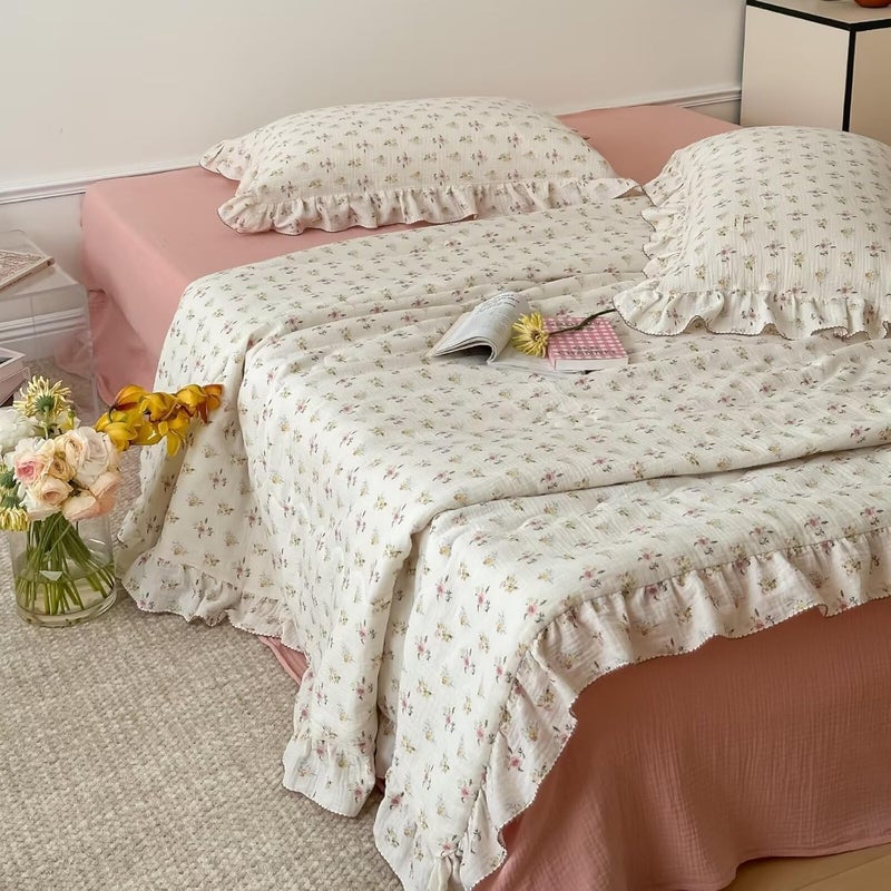 BuLuTu Muslin Kids Comforter with Ruffles 59"x79", Shabby Chic Azalea Floral Print on Beige Quilted Blanket, Double-Layer Gauze Cotton Children Bed Blanket, Bedspread Coverlet, Lightweight Breathable - Image 2